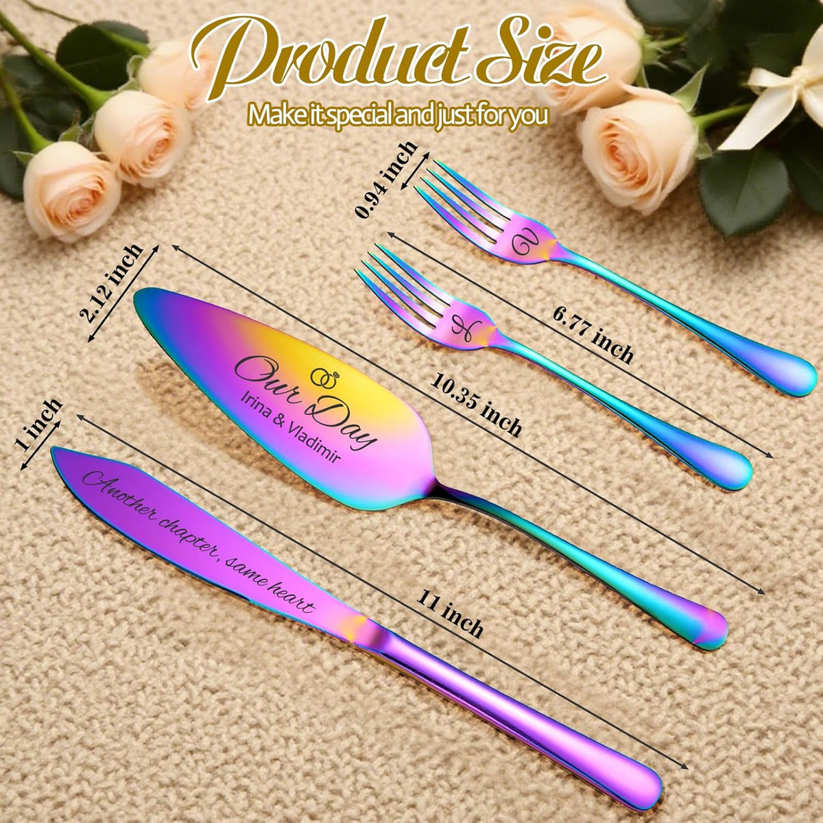 Personalized 4 Piece Wedding Cake Cutting Set, Custom Names Cake Knife and Server set with Forks