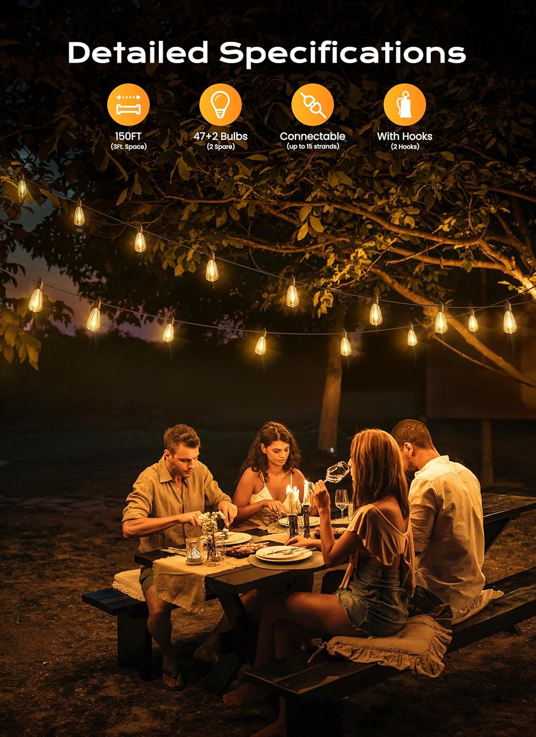 Brightown Outdoor String Lights, 150FT 47+2 LED ST38 LED Patio Lights Shatterproof, Dimmable IP65