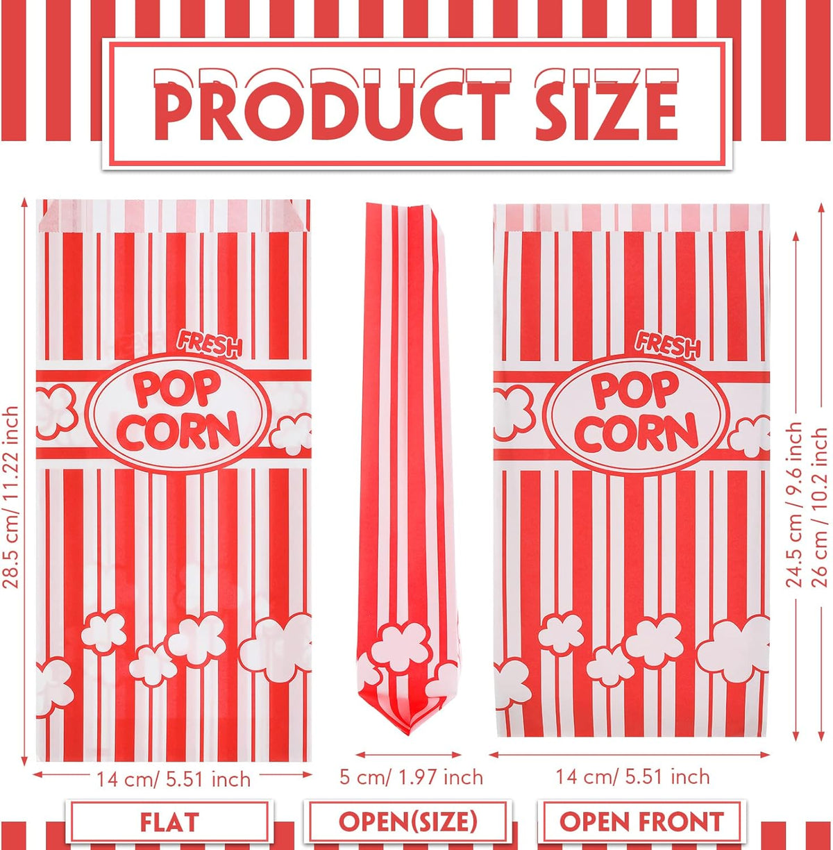 300 Pcs Popcorn Bags Paper Grease Resistant Popcorn Bags Disposable Red and White Striped Popcorn