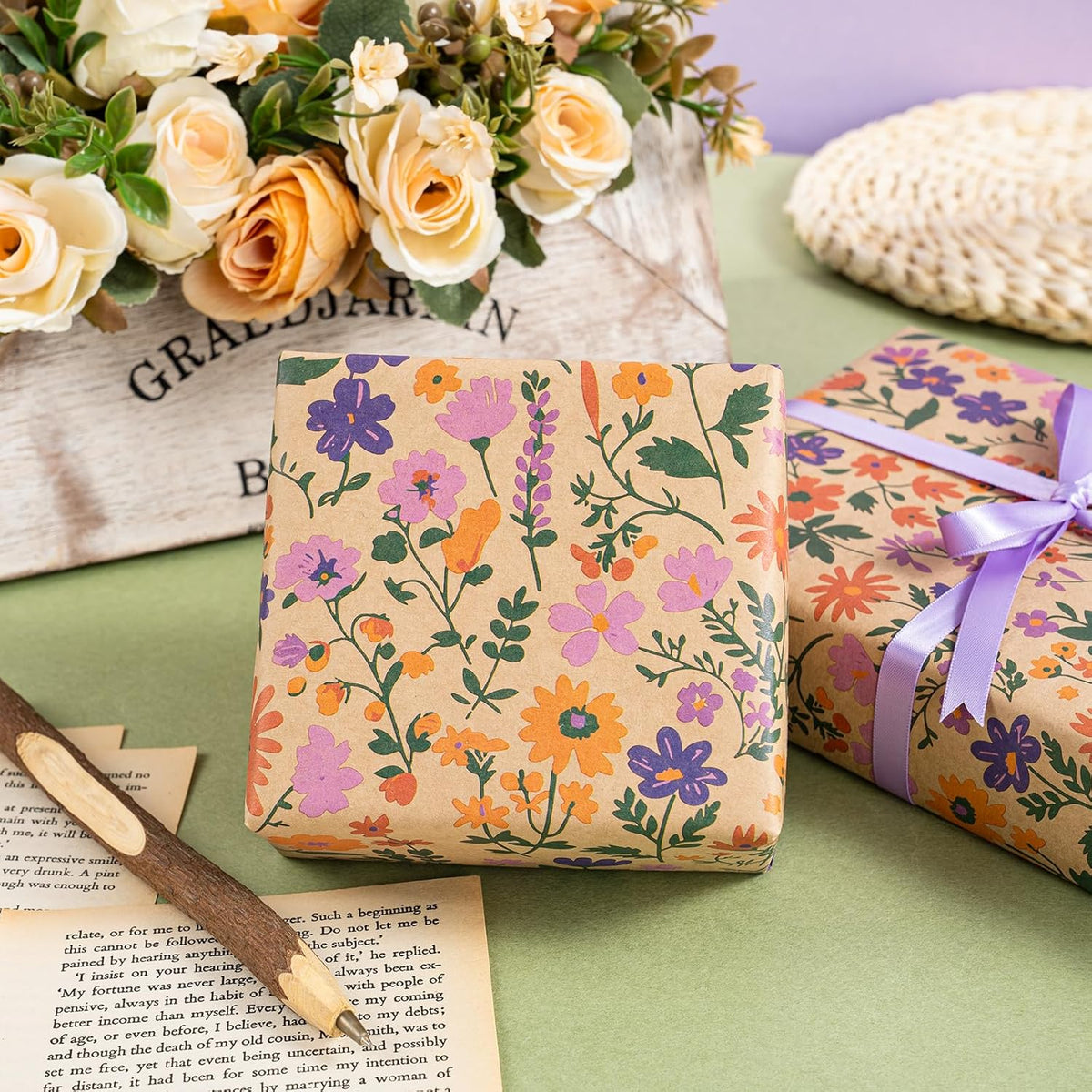 WRAPAHOLIC Kraft Floral Wrapping Paper Roll - Mini Roll - 17 Inch x 33 Feet - Vintage Flower
