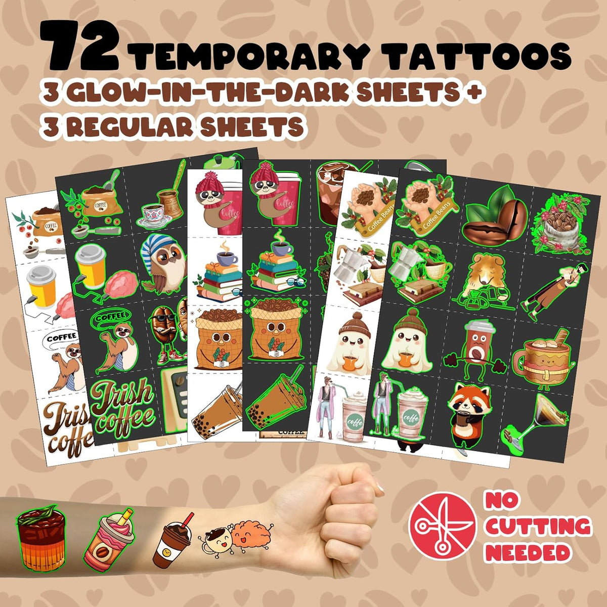 96 PCS Coffee Party Favors Set – 72 Pre-Cut Temporary Tattoos & 24 Slap Bracelets for Kids &
