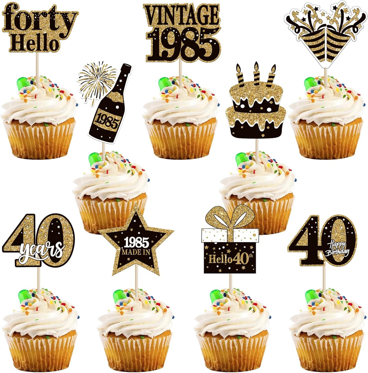 36PCS Happy 40th Birthday Cupcake Toppers Double Sided Black Gold Forty Hello 40 Vintage 1985
