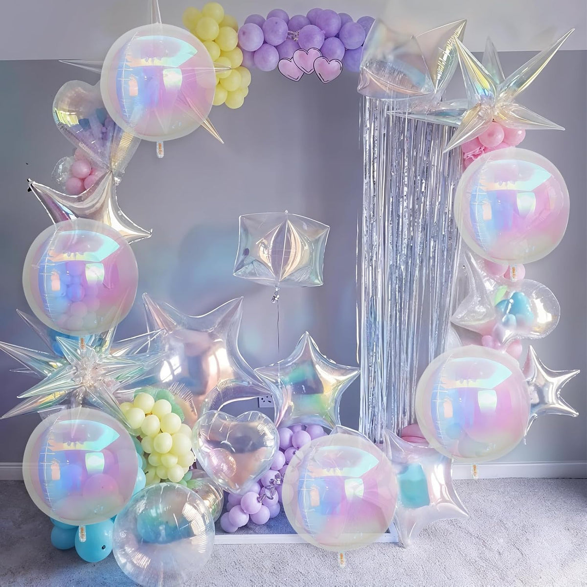 6Pcs Iridescent Round Foil Balloons,Giant 4D Clear Round Ball Balloon,22 Inch Rainbow Balloons for