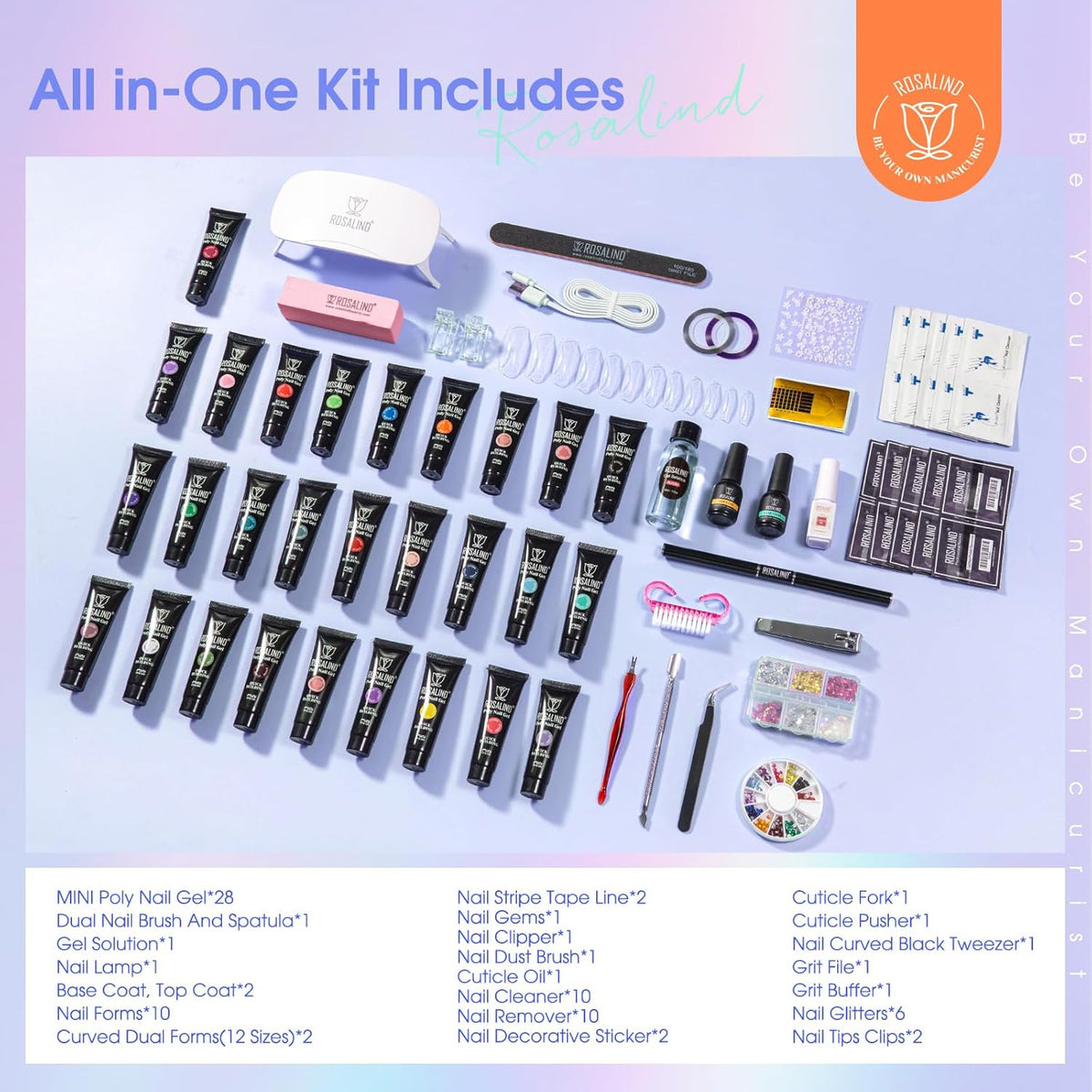 ROSALIND 28 Colors Color Poly Nail Gel Colors Kit with Mini Nail Lamp Clear Neon Poly Nail Gel