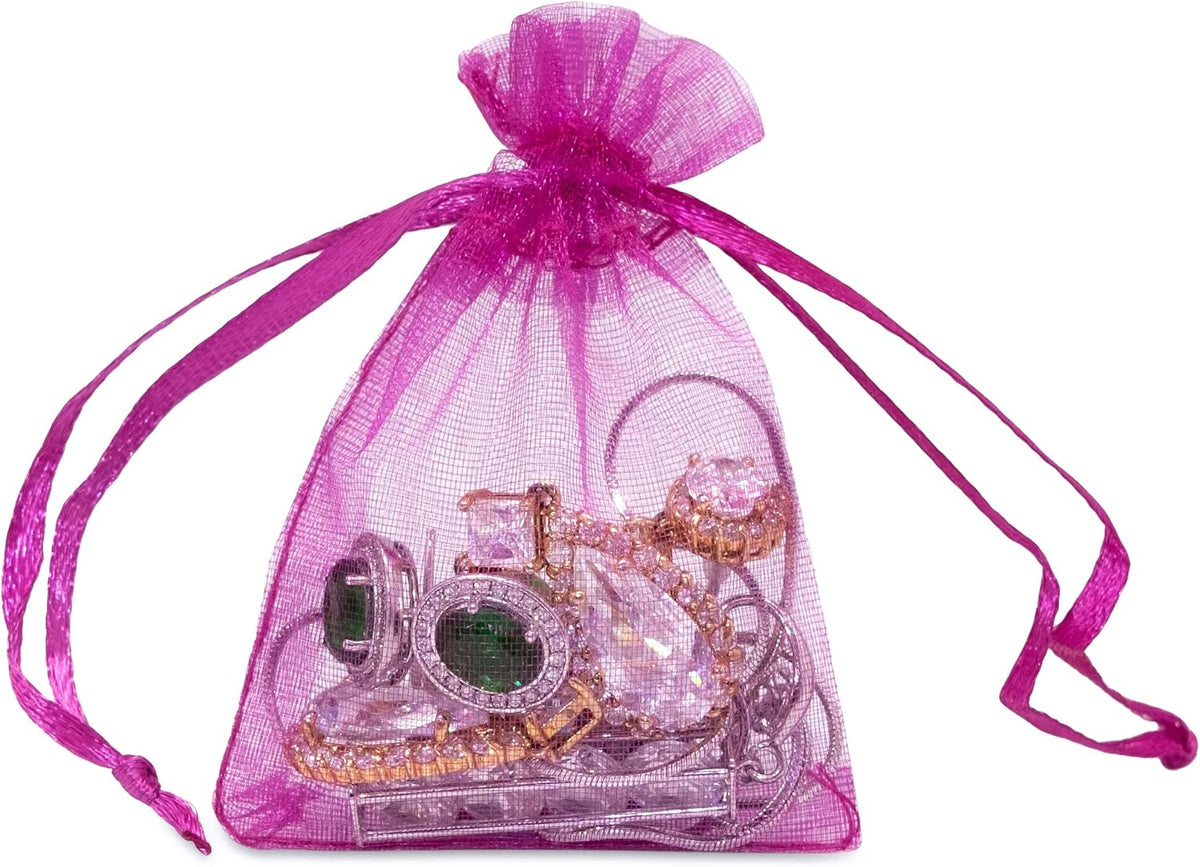 TheDisplayGuys 48-Pack 2" x 2-3/4" Hot Pink Sheer Organza Gift Bags with Drawstring, Jewelry Candy