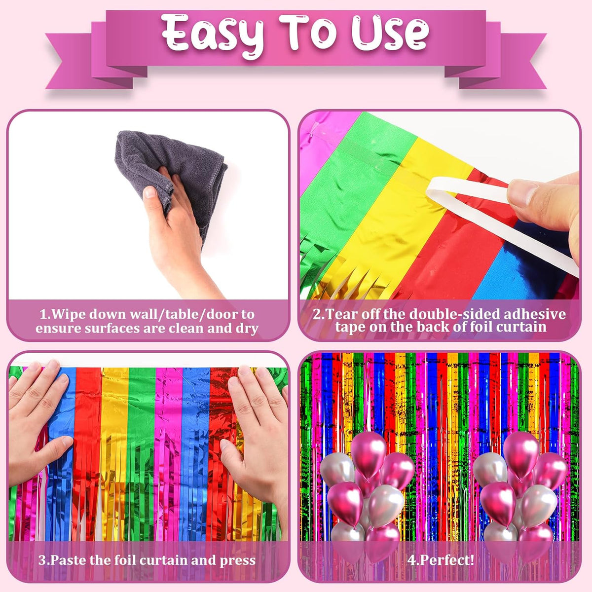 4 Pack 3.3x8.2 Feet Rainbow Foil Fringe Backdrop Curtains, Tinsel Streamers Birthday Party