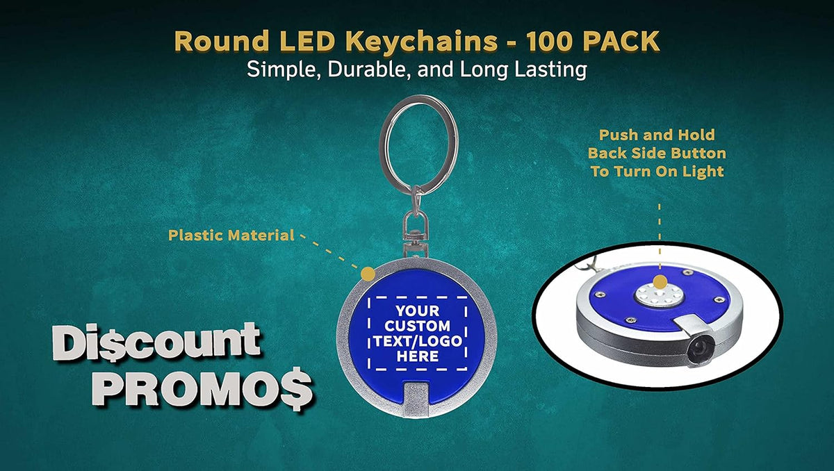 DISCOUNT PROMOS 100 Round LED Keychains - Customizable Text, Logo - Battery included, Plastic - Blue