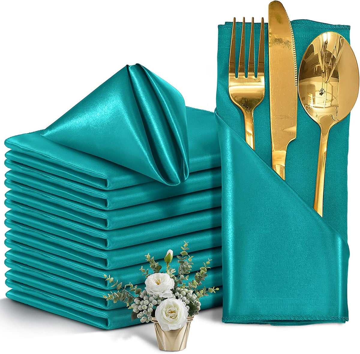 50 Pieces Teal Satin Napkins, 17" x 17" Square Table Napkins, Silky Soft Smooth Washable Napkins