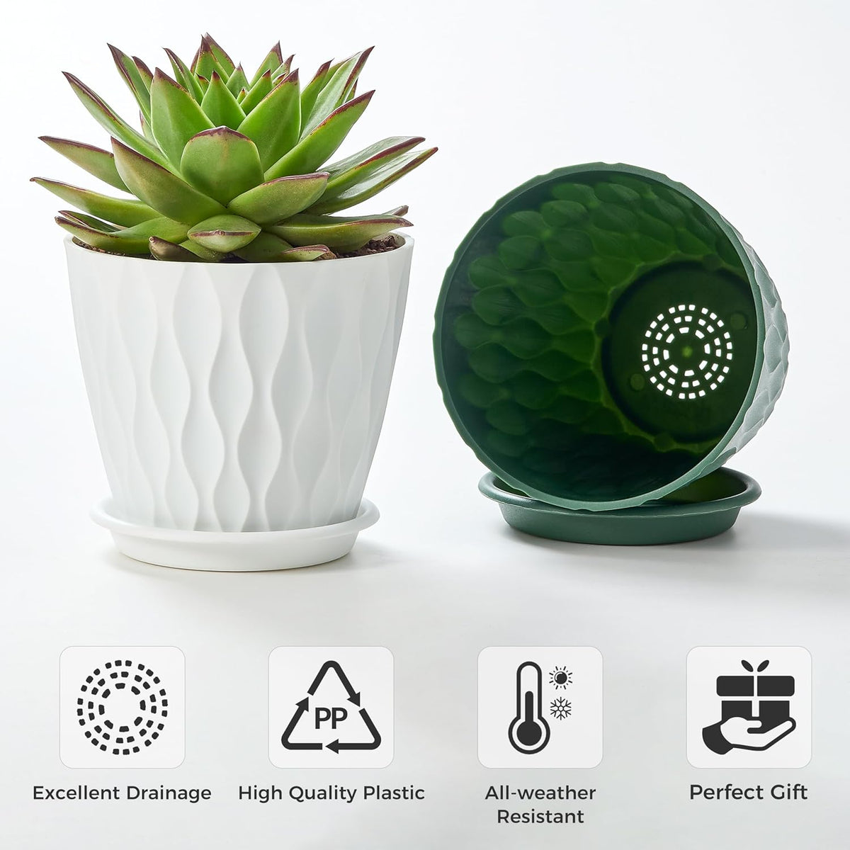 FaithLand 6-Pack 6-Inch Plastic Plant Pots with Saucers | Thickened PP Material, Modern Wave