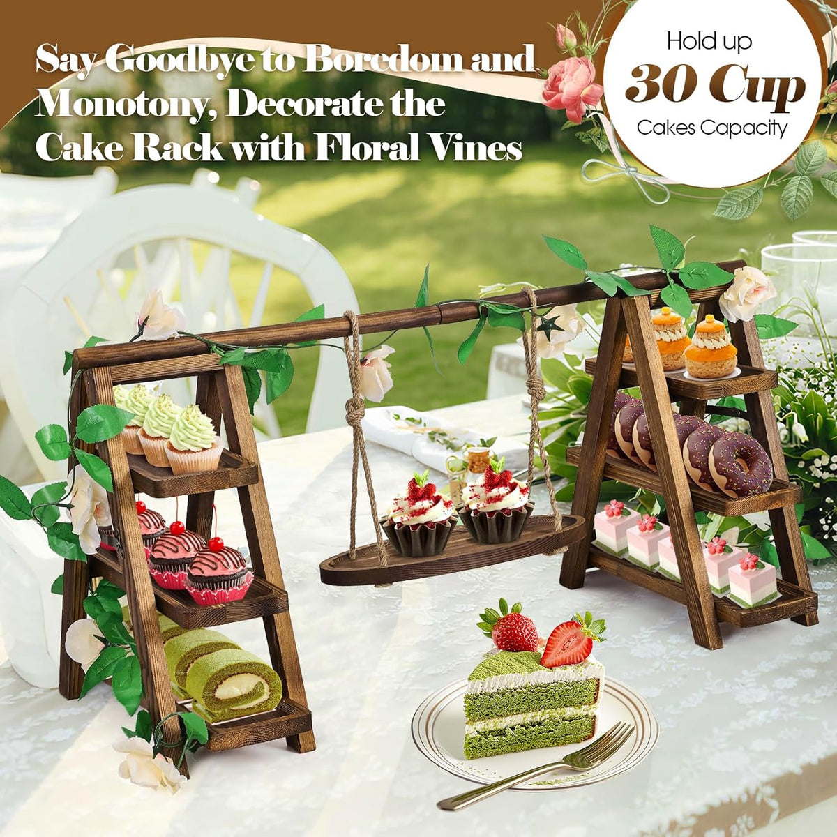 Wooden Cupcake Stand,3 Tier Cake Stands Party Food Display Serving Platter Tray Ladder Stand with