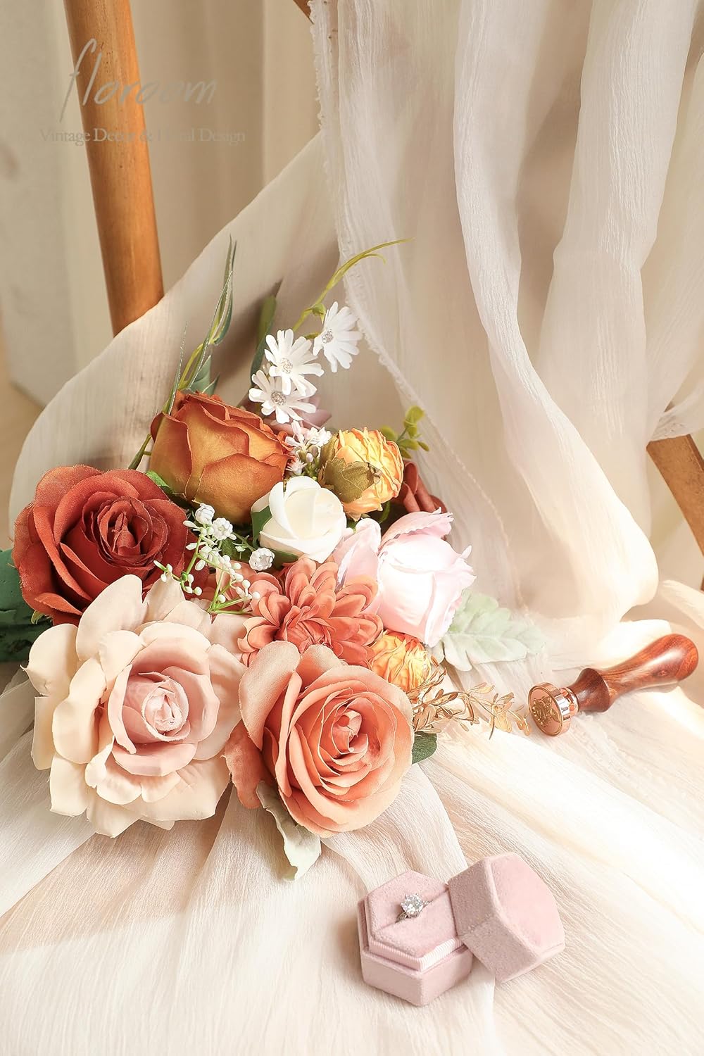 Floroom Terracotta Artificial Flowers Burnt Orange Fake Roses Peonies Dahlias and Greenery Combo