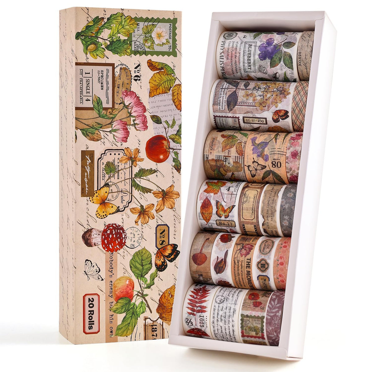 20 Rolls Vintage Washi Tape Set, Floral Letter Butterfly Mushroom Botanical Flower Writable