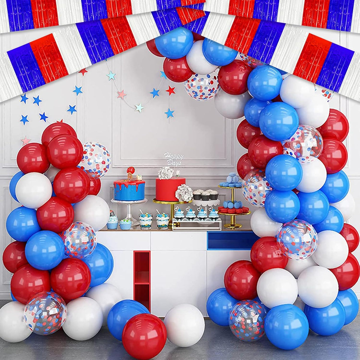4 Pack 10 Feet White Blue Red Foil Fringe Garland Metallic Tinsel Streamers Banner Wall Hanging