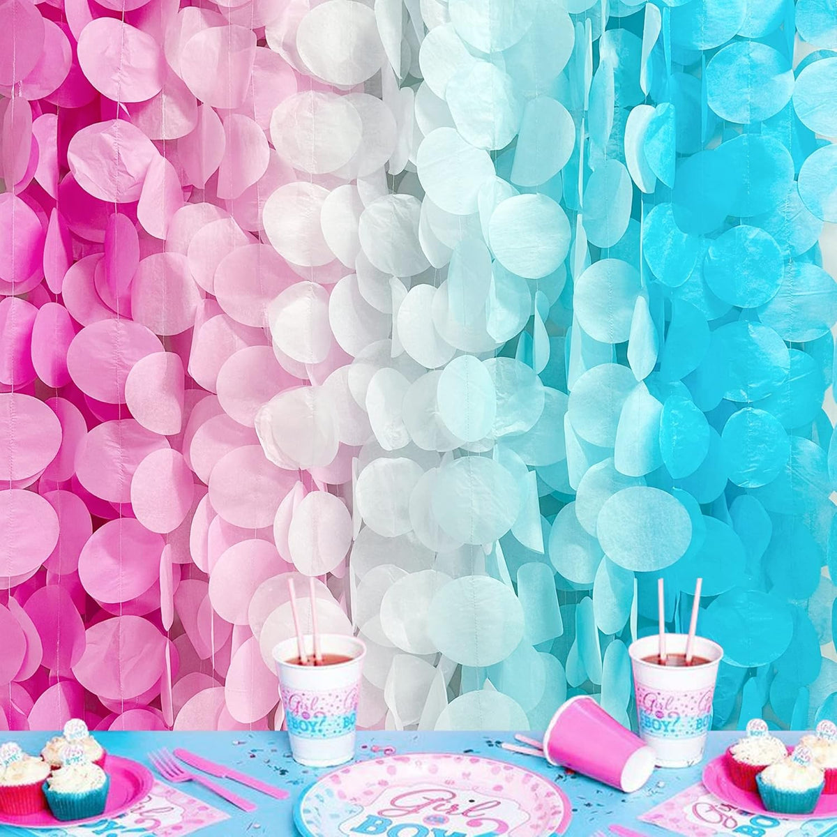 205 Ft Gender Reveal Party Decorations Ombre Pink and Blue Big Circle Dot Backdrop Garland Tissue