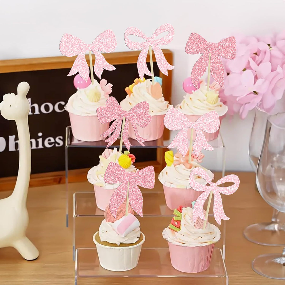 Gyufise 36Pcs Bow Cupcake Toppers Glitter Bowknot Cupcake Picks Bow Tie Birthday Decorations