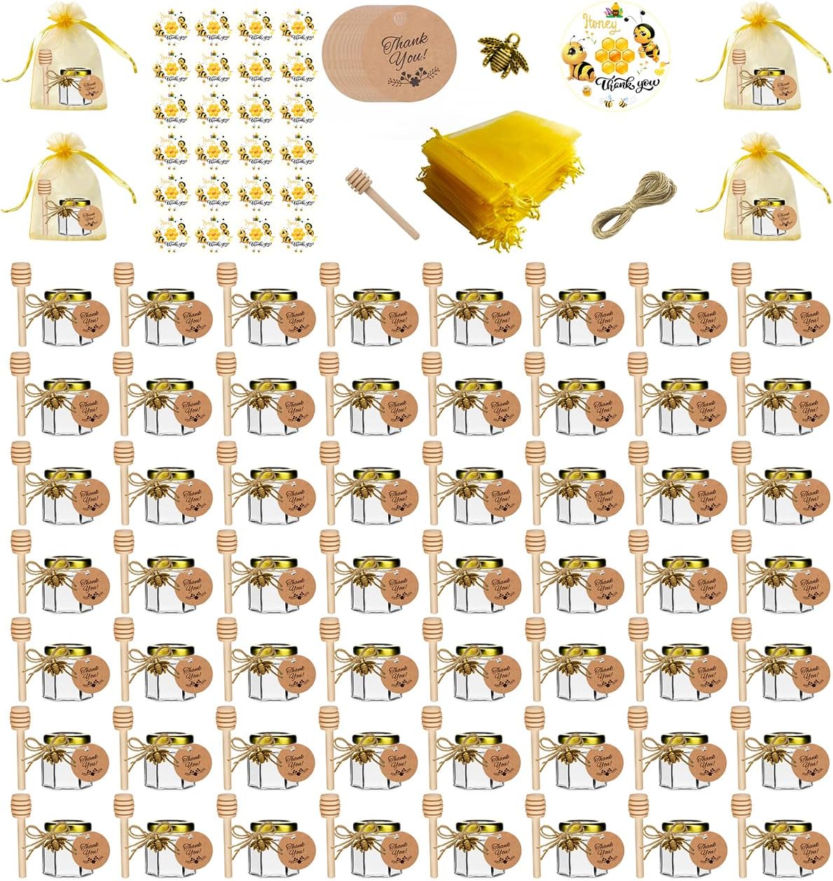 IIKUM 60 Pack 1.5 oz Hexagon Mini Glass Honey Jars with Wooden Dippers, Bee Pendants, Gift Bags