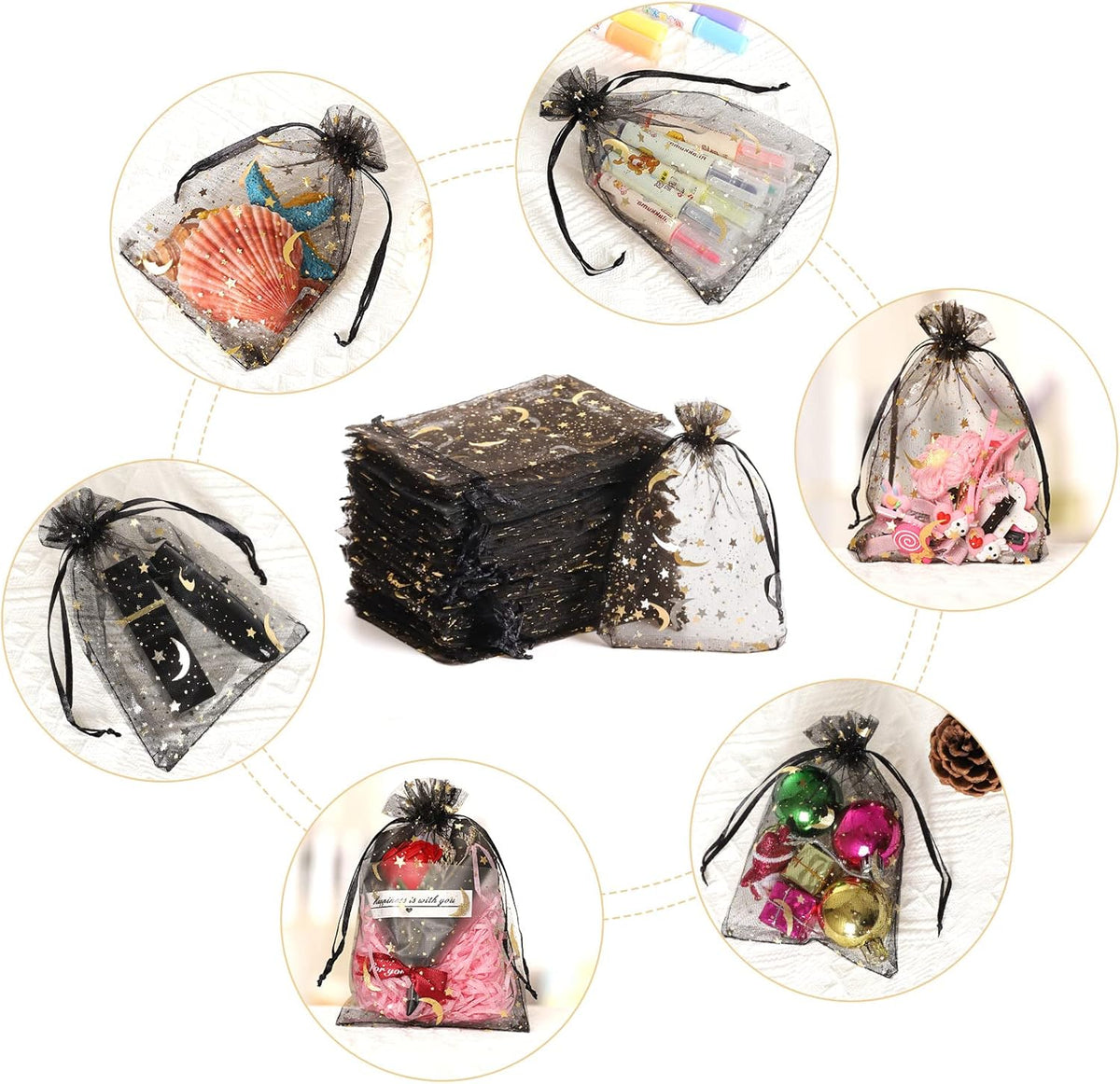 100PCS Moon Star Organza Bags - 4x6" Wedding Favors with Drawstring, Black Organza Gift Pouch for
