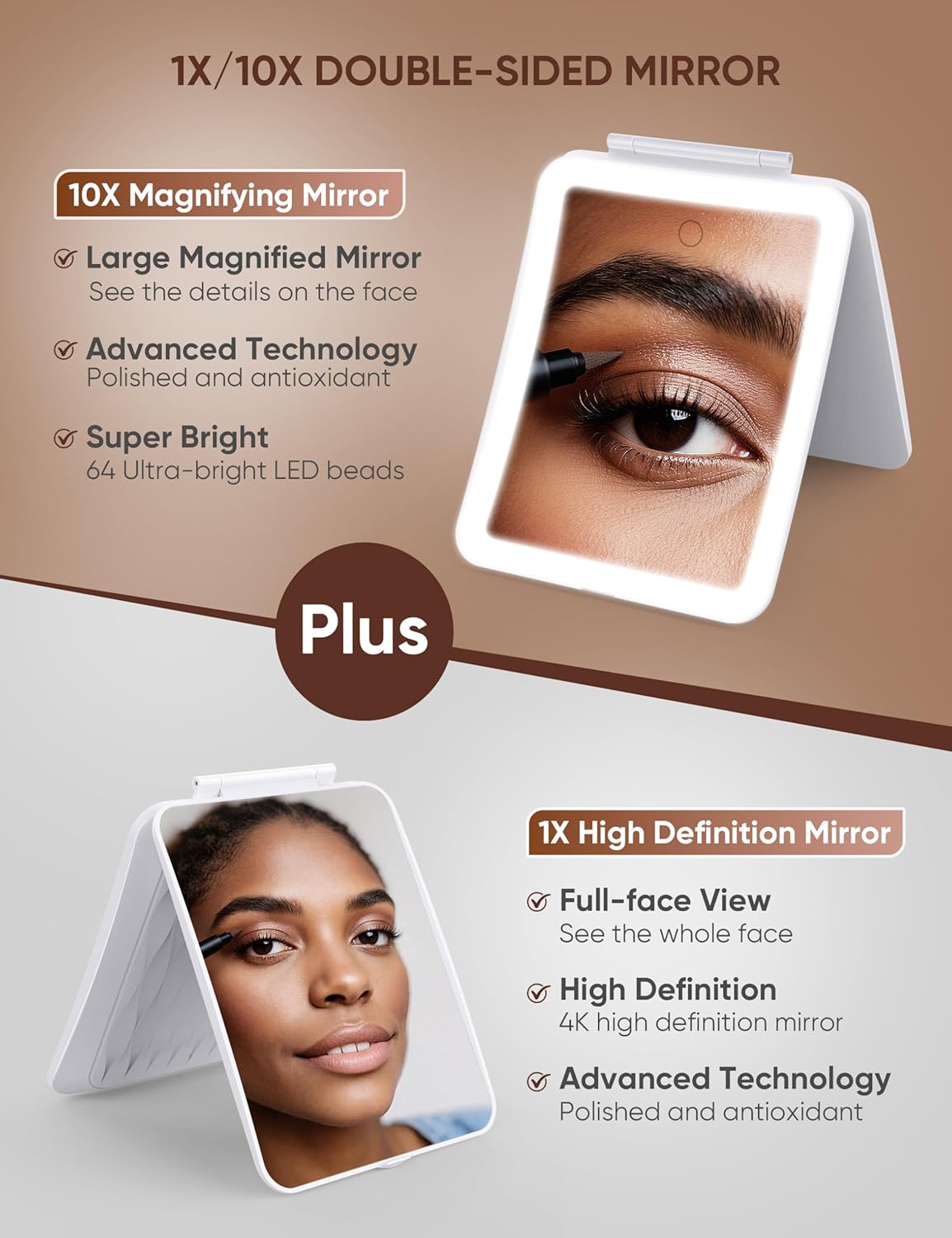 1X/10X Magnifying Makeup Mirror with 3 Colored Lights and Touch Control, 2700mAh Rechargeable LED