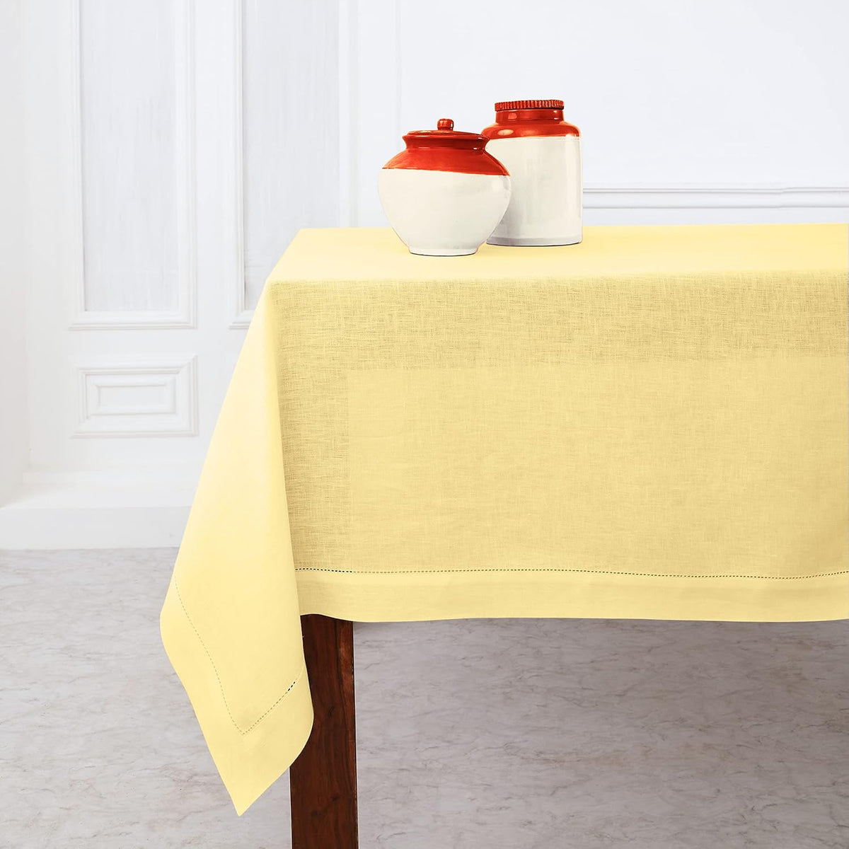 Solino Home Linen Yellow Tablecloth 60 x 132 Inch - Classic Hemstitch, 100% Pure Linen Rectangular