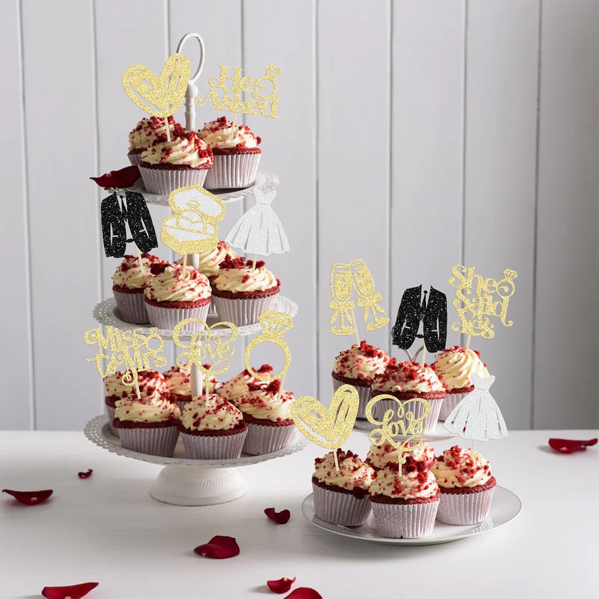 Gyufise 30Pcs She Said Yes Cupcake Toppers Glitter Diamond Ring I Do Love Cupcake Picks Miss to Mrs