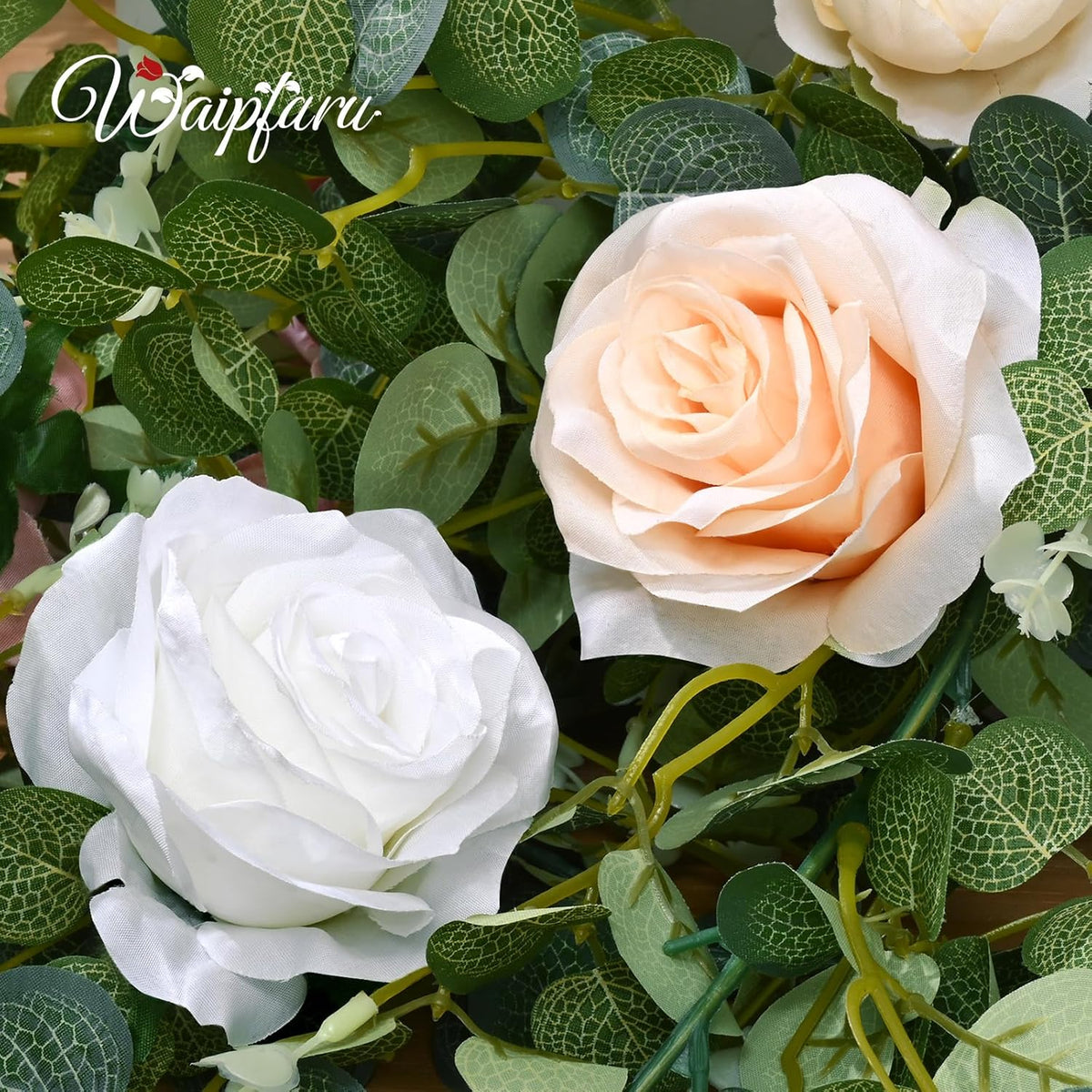 Waipfaru 6.07Ft Eucalyptus Greenery Garland with Flowers, Dusty Blue and White Rose Flower Vines