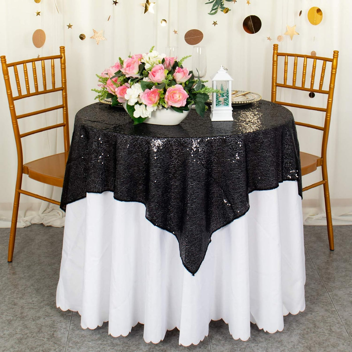 ShinyBeauty Sequin Tablecloth Square Black 54''x54'' - Glitter Table Overlay for Dinning, Party
