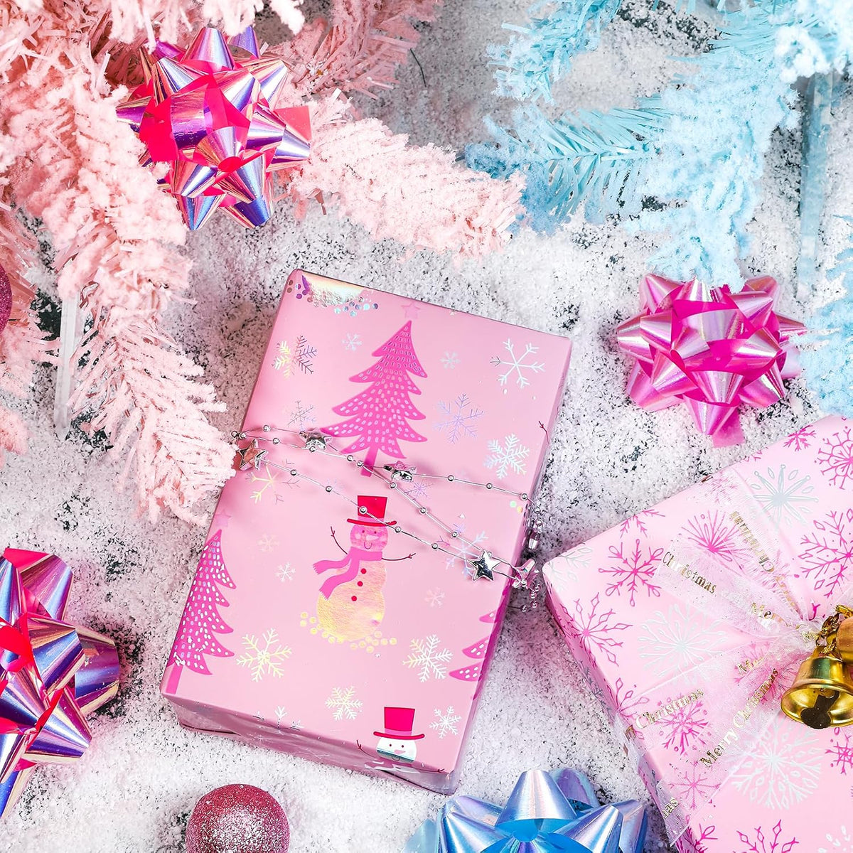 LeZakaa Christmas Pink Wrapping Paper Mini Roll, Snowman Christmas Tree & Snowflake Metallic Foil
