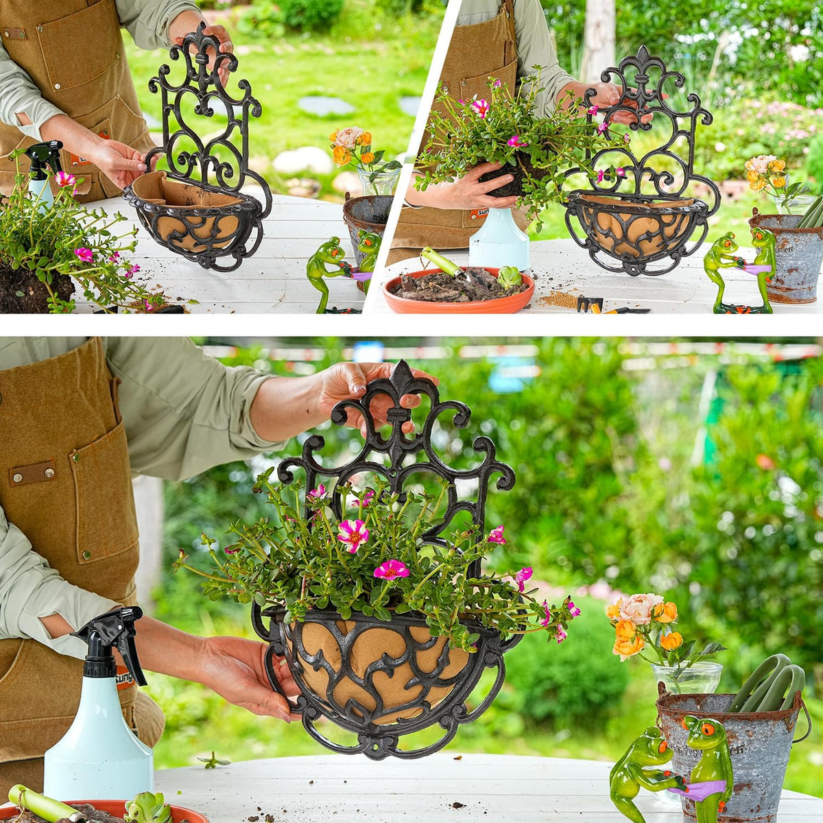 Sungmor 2 Pack Wall Hanging Planter Basket with Fabric Liner, Antique Victoria Style Cast Iron Wall