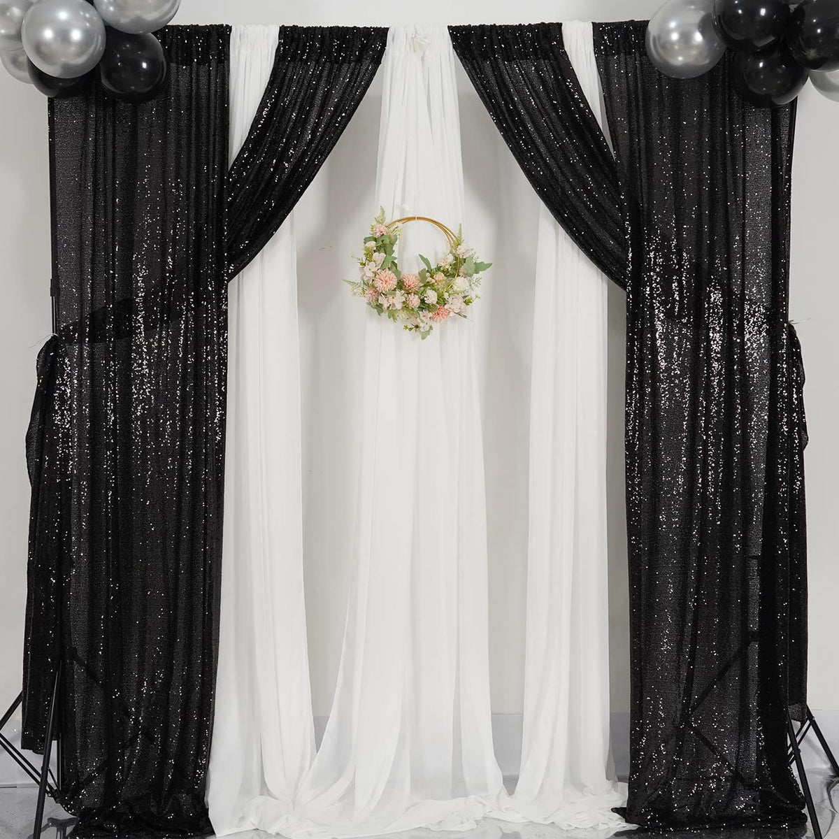Poise3EHome 2ft x 8ft Black Sequin Photography Backdrop Curtains 2 Panels for Party Decoration