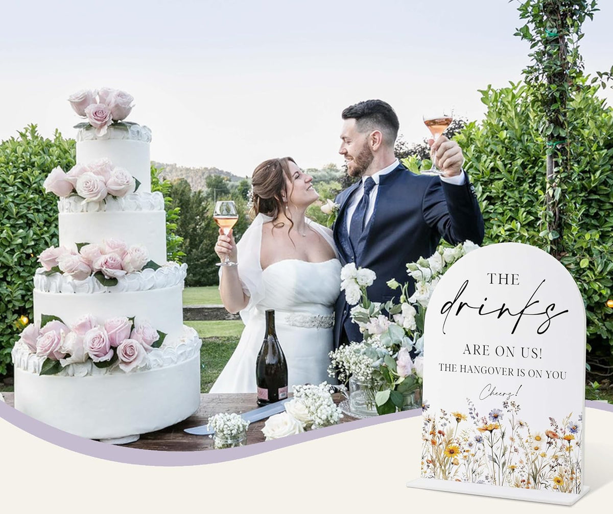 Wedding Signs for Ceremony and Reception, Boho Floral Acrylic Drinks are on Us Hangover is on You