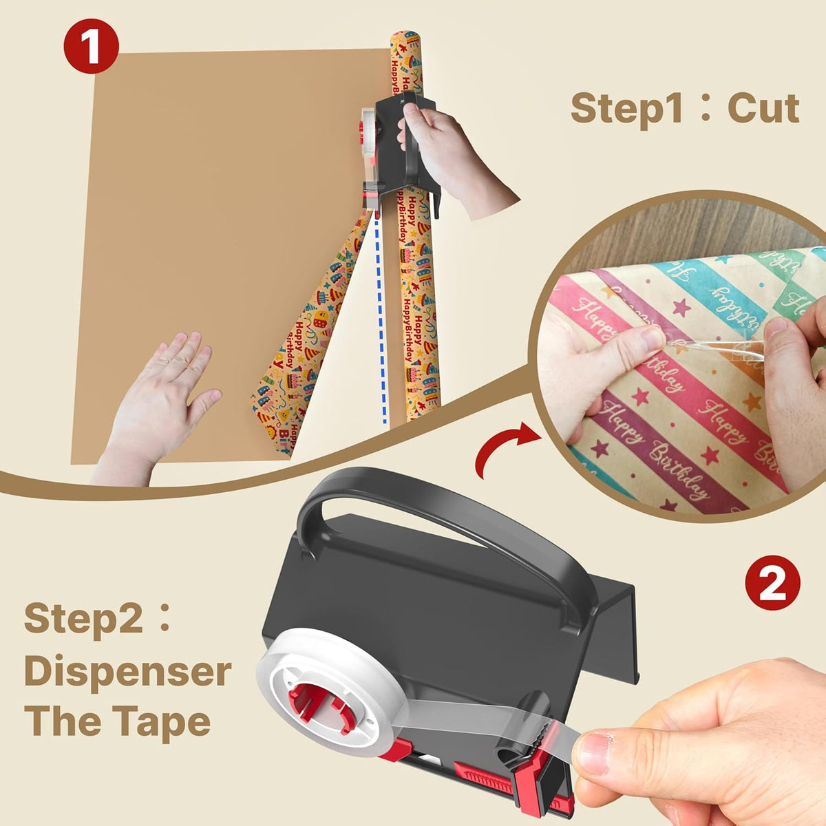 (2-Pack) Wrapping Paper Cutter & Tape Dispenser Dual Use with 4 Tapes，2 Replace Blades Kit for