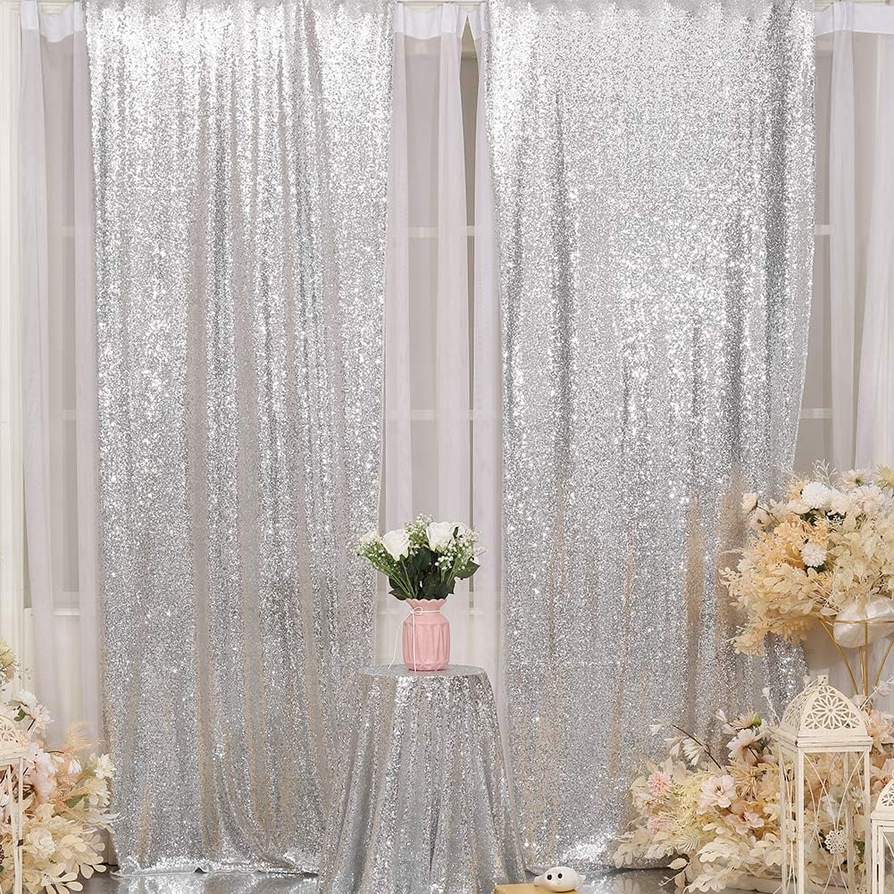 Eternal Beauty Sequin Backdrop Curtains, 2x8 Ft-2 Panels Silver Back Drop for Shimmer Photography