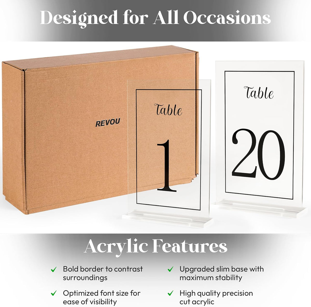 Acrylic Table Numbers 1-20 with Stand, Printed Black Font on 4x6 inch Acrylic, Clear Table Number