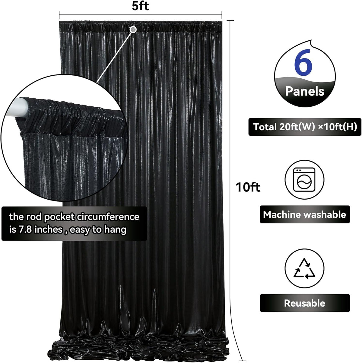 30ftx10ft Black Sequin Backdrop Curtain for Parties, Wrinkle Free Glitter Photo Backdrop Drapes 6