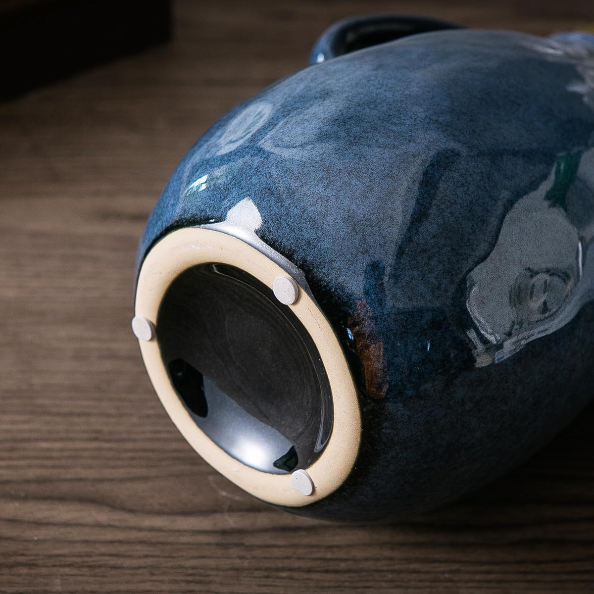 Blue Ceramic Vase with 2 Handles - Modern Farmhouse Rustic Terracotta Decorative Clay Boho Vase for