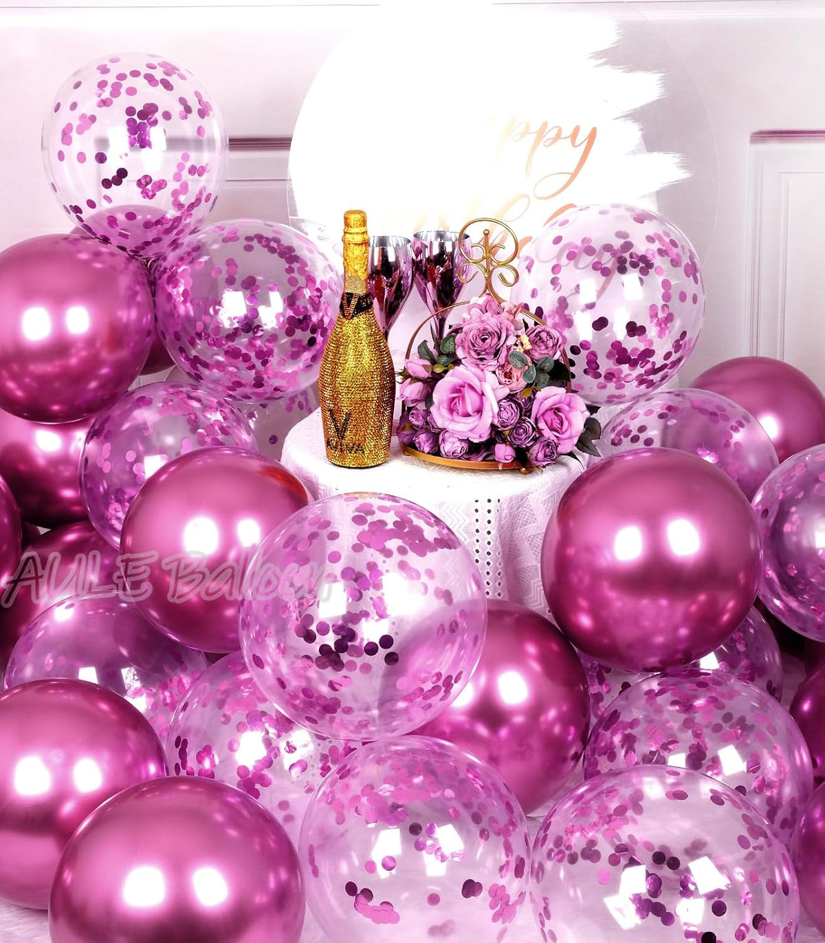AULE Party Balloons Pack of 42 - Metallic Chrome Hot Pink Balloons and Hot Pink Confetti Latex