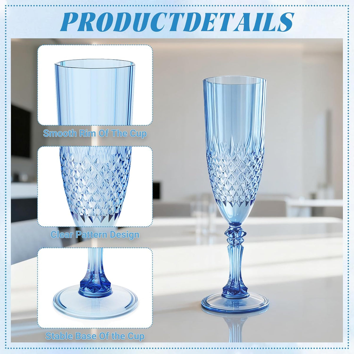 Plastic Champagne Flutes, 12PCS Blue Wine Glasses Goblets Cups Reusable Flute, for Weddings