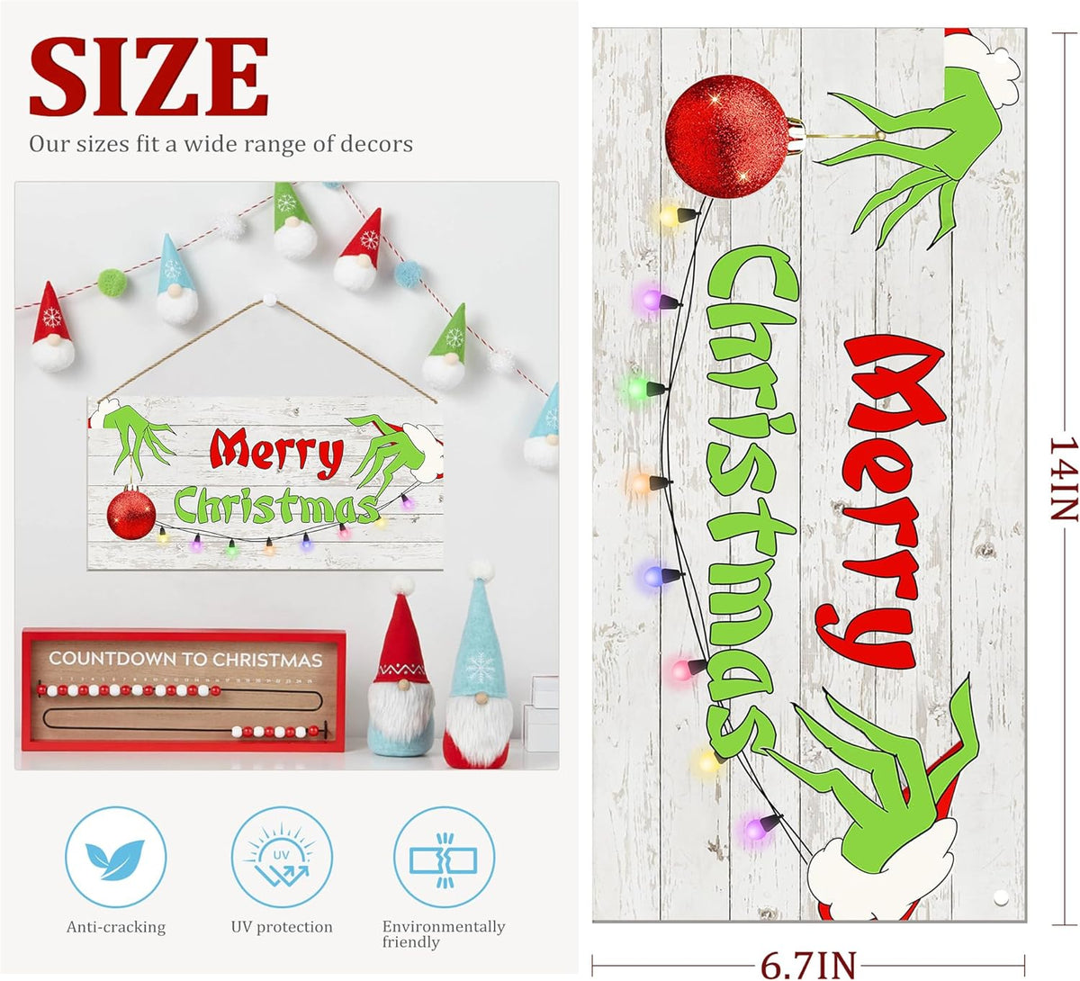 Merry Christmas Hanging Door Sign, Crazy Funny Green Festive Wooden Wall Welcome Decor Winter