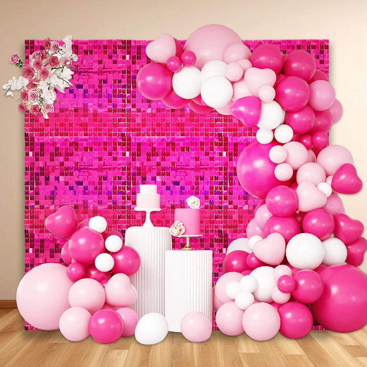 24PCS Fuchsia Shimmer Wall Backdrop, Laser Square Sequin Photo Backdrops Panel, Glitter Wall