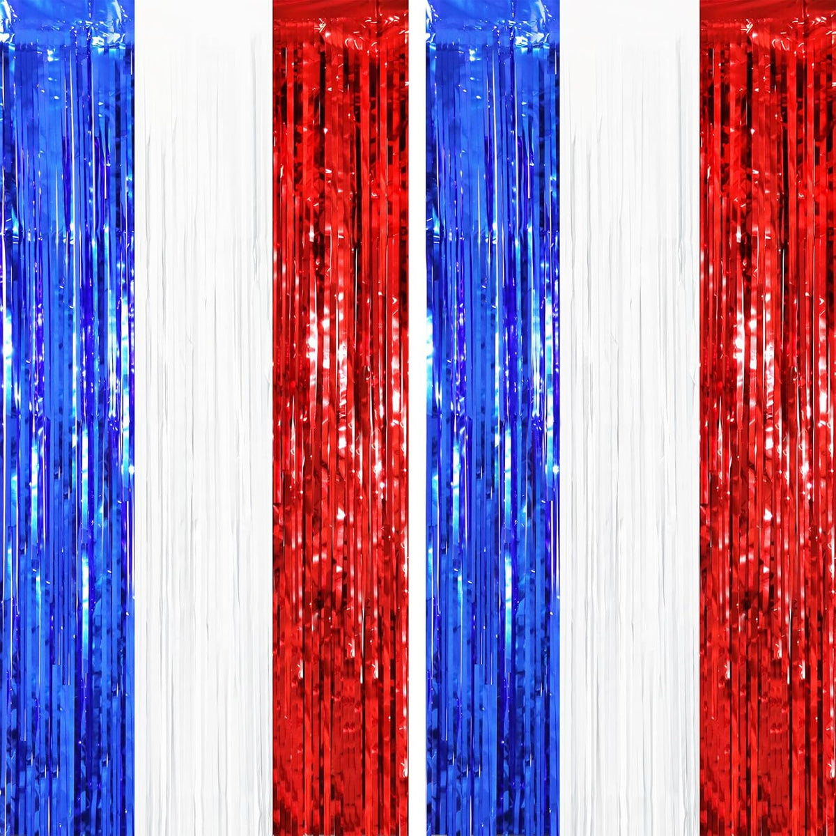 2 Pack Red White and Blue Tinsel Foil Fringe Curtains, 4th of July Decorations, Metallic Tinsel