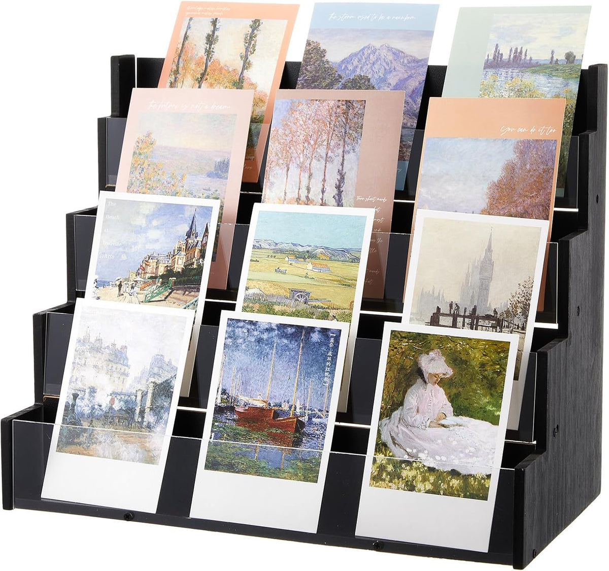 4 Tier Greeting Card Display Stand Black Bamboo and Acrylic Sticker Display Stand Trading Card