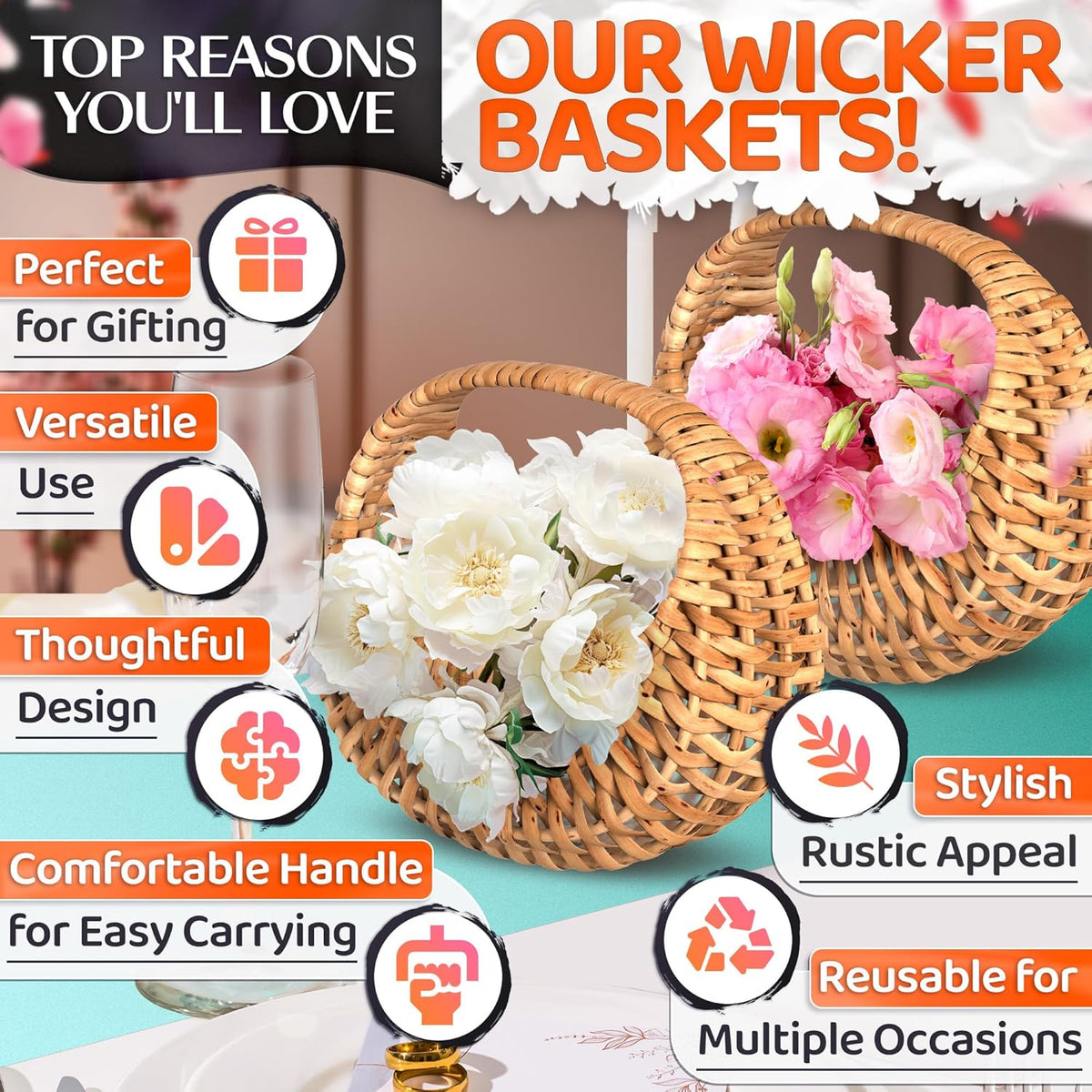 Small Flower Girl Basket Set of 2 – Small Wicker Basket with Handle & Waterproof Lining (6.3" х