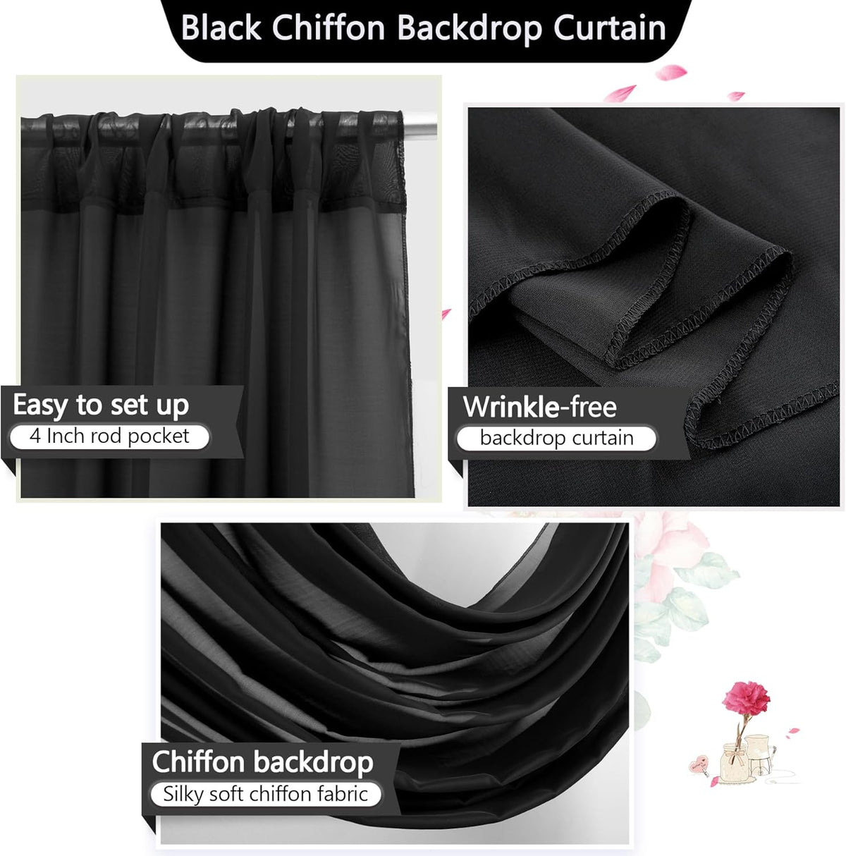 PARTISKY 10ftx7ft Black Chiffon Backdrop Curtains, Wrinkle-Free Sheer Fabric Photo Drapes for