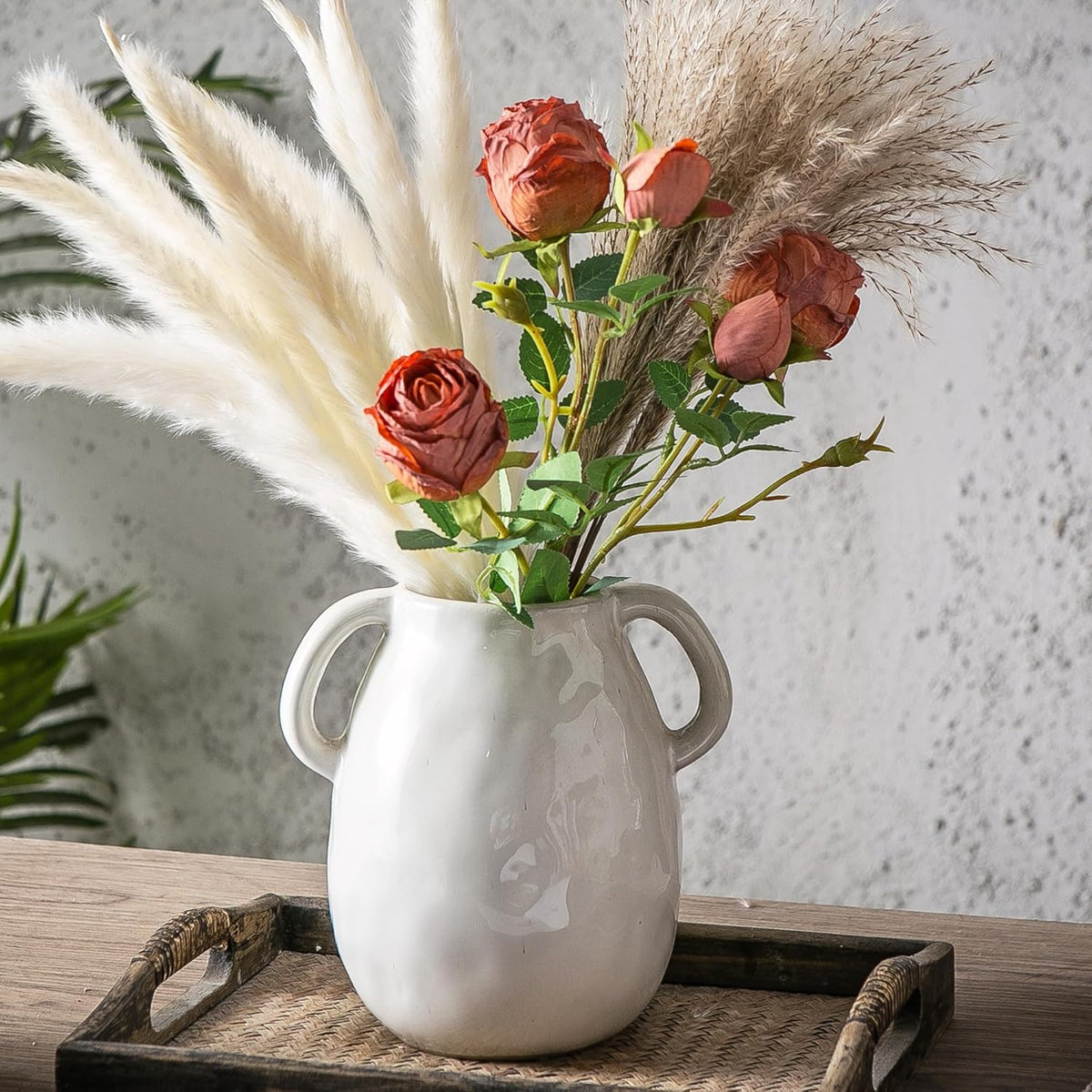 Kimdio White Ceramic Vase with 2 Handles, Modern Farmhouse Vases for Home Decor, Rustic Pottery