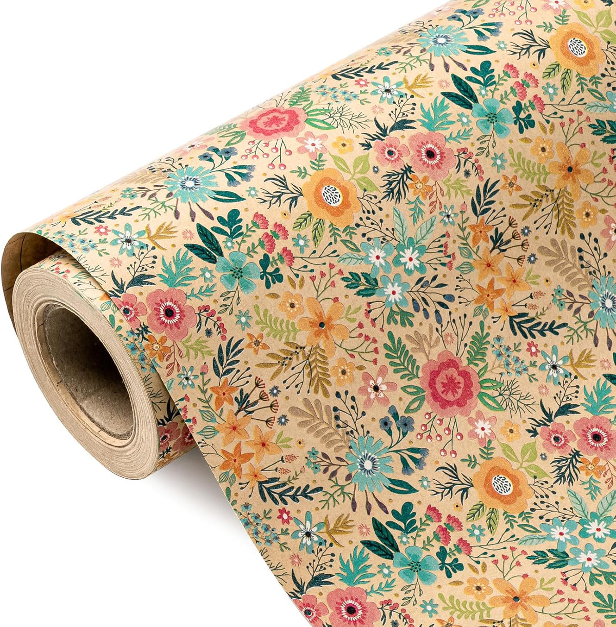 WRAPAHOLIC Kraft Floral Wrapping Paper Roll - Mini Roll - 17 Inch x 33 Feet - Spring Summer Garden