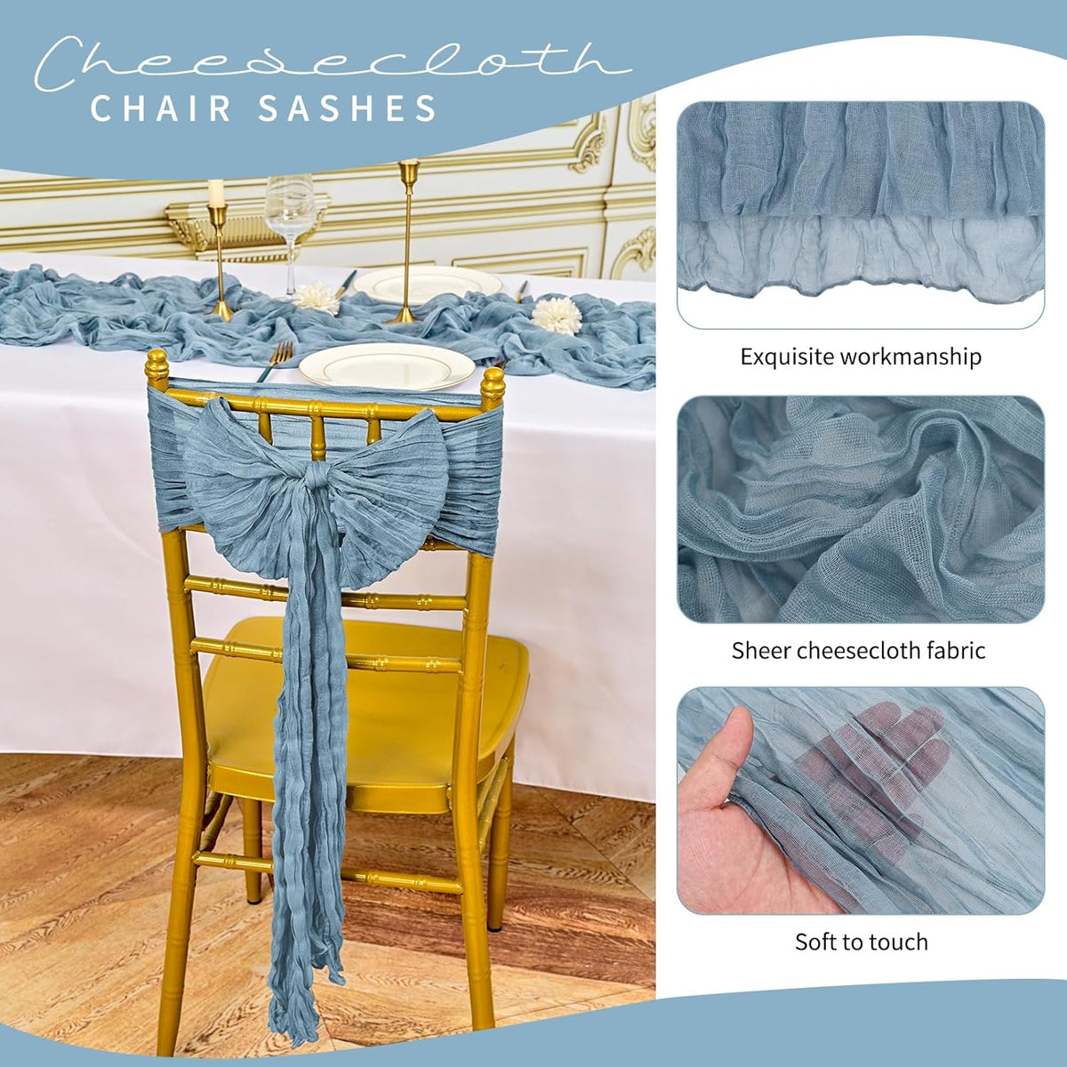 50 PCS Cheesecloth Chair Sashes, Bows Designed ChairSashes, 15.7x108 inch Chair Sashes for Aisle