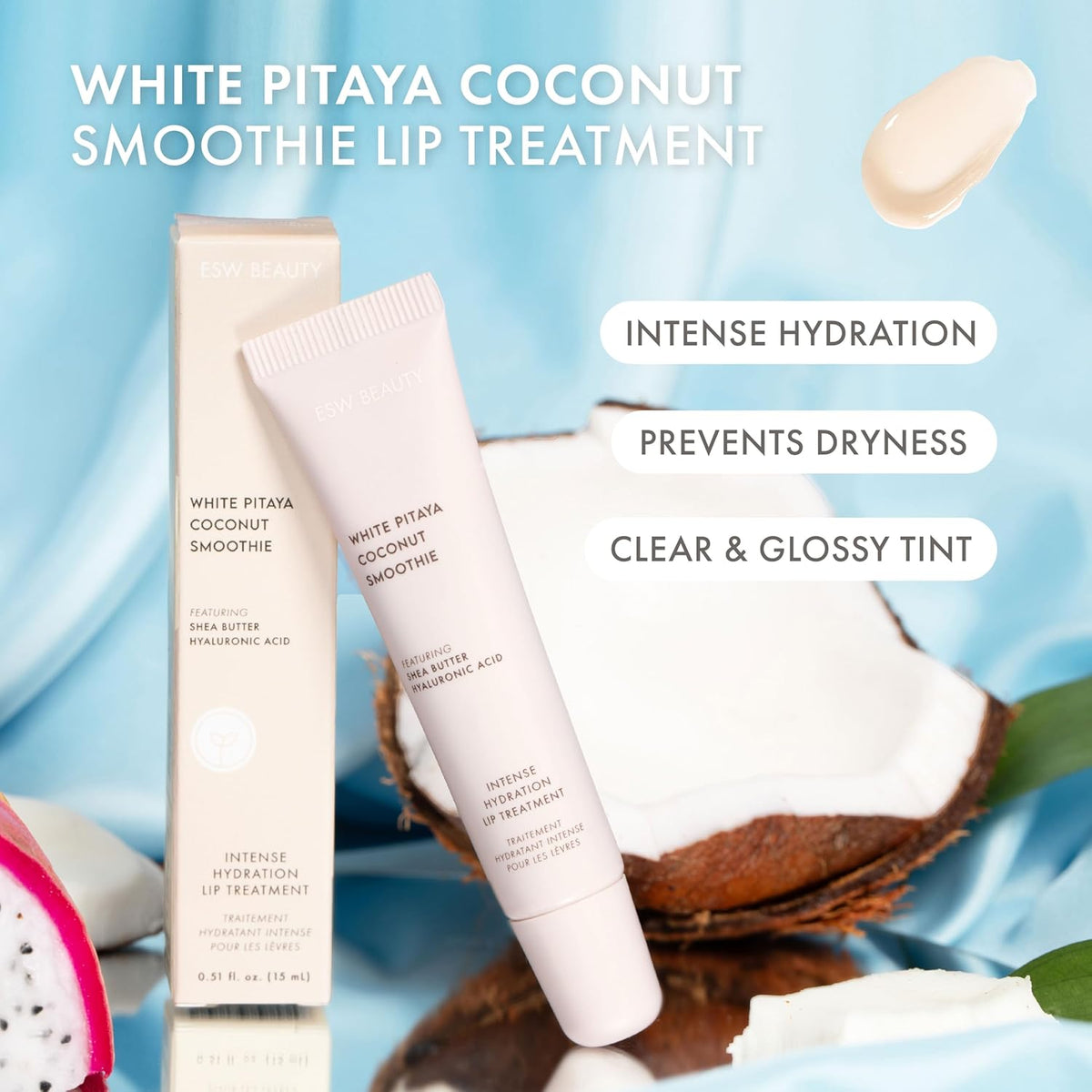 ESW Beauty White Pitaya Coconut Lip Treatment - Clear & Glossy with Shea Butter, Hyaluronic Acid