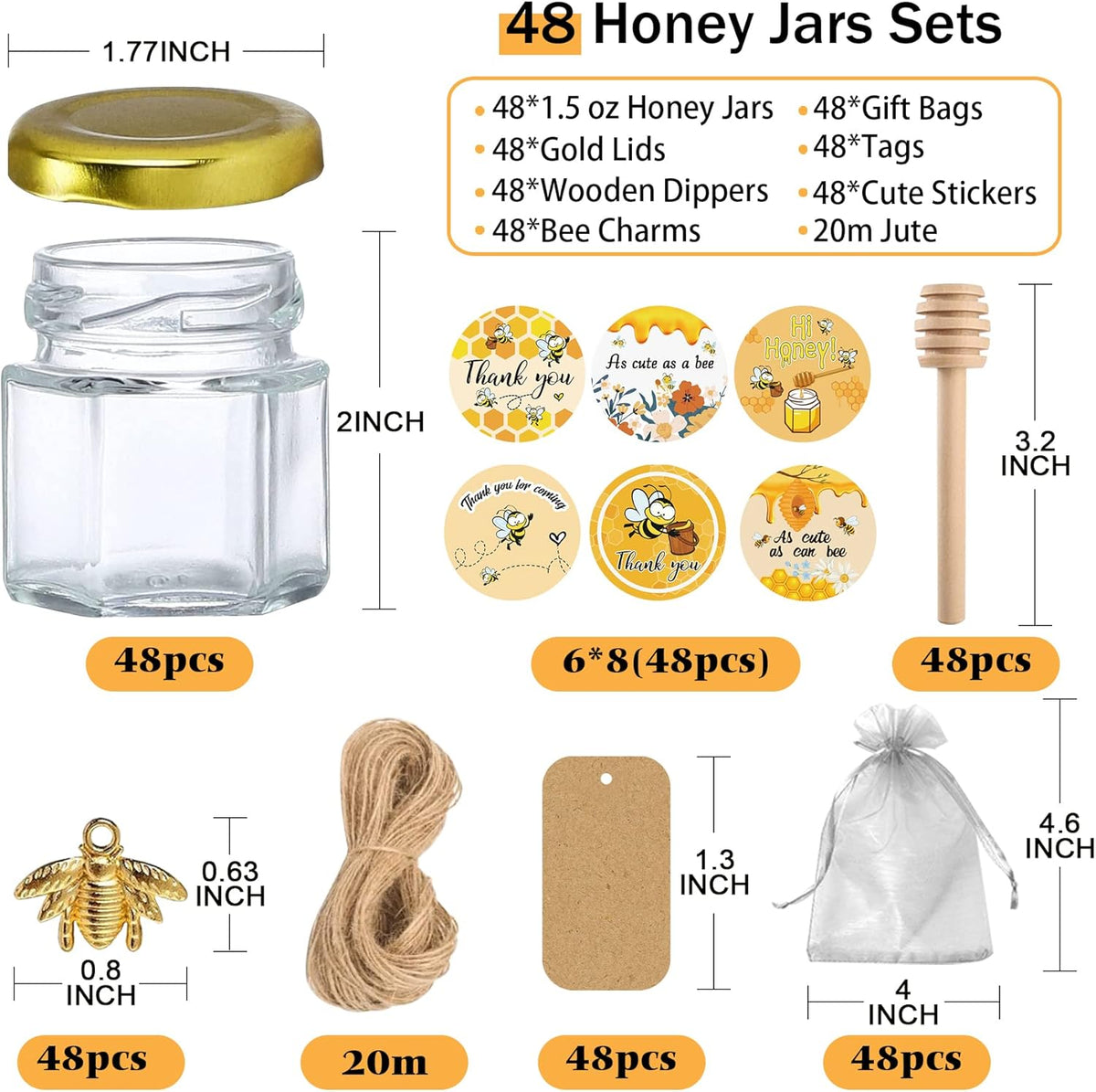 Aliggbent 48 Pack Mini Honey Jars Party Favors in Bulk, 1.5 oz Small Hexagon Glass Honey Jars with