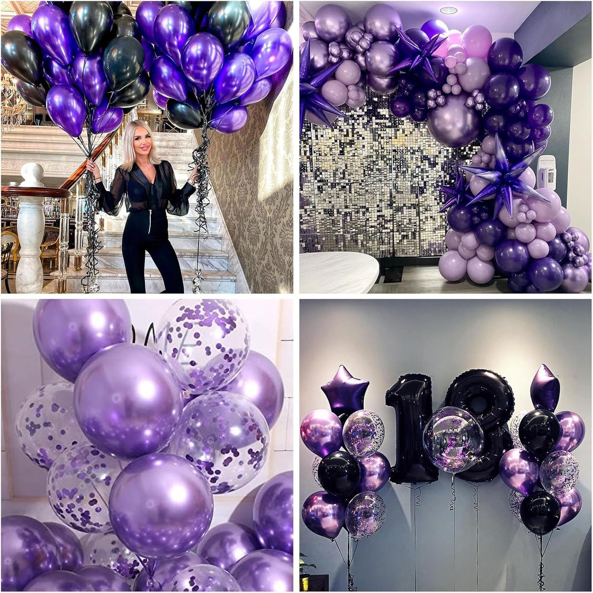 Purple and Black Balloons, 12 Inch Metallic Purple Black Party Balloons Confetti Latex Helium