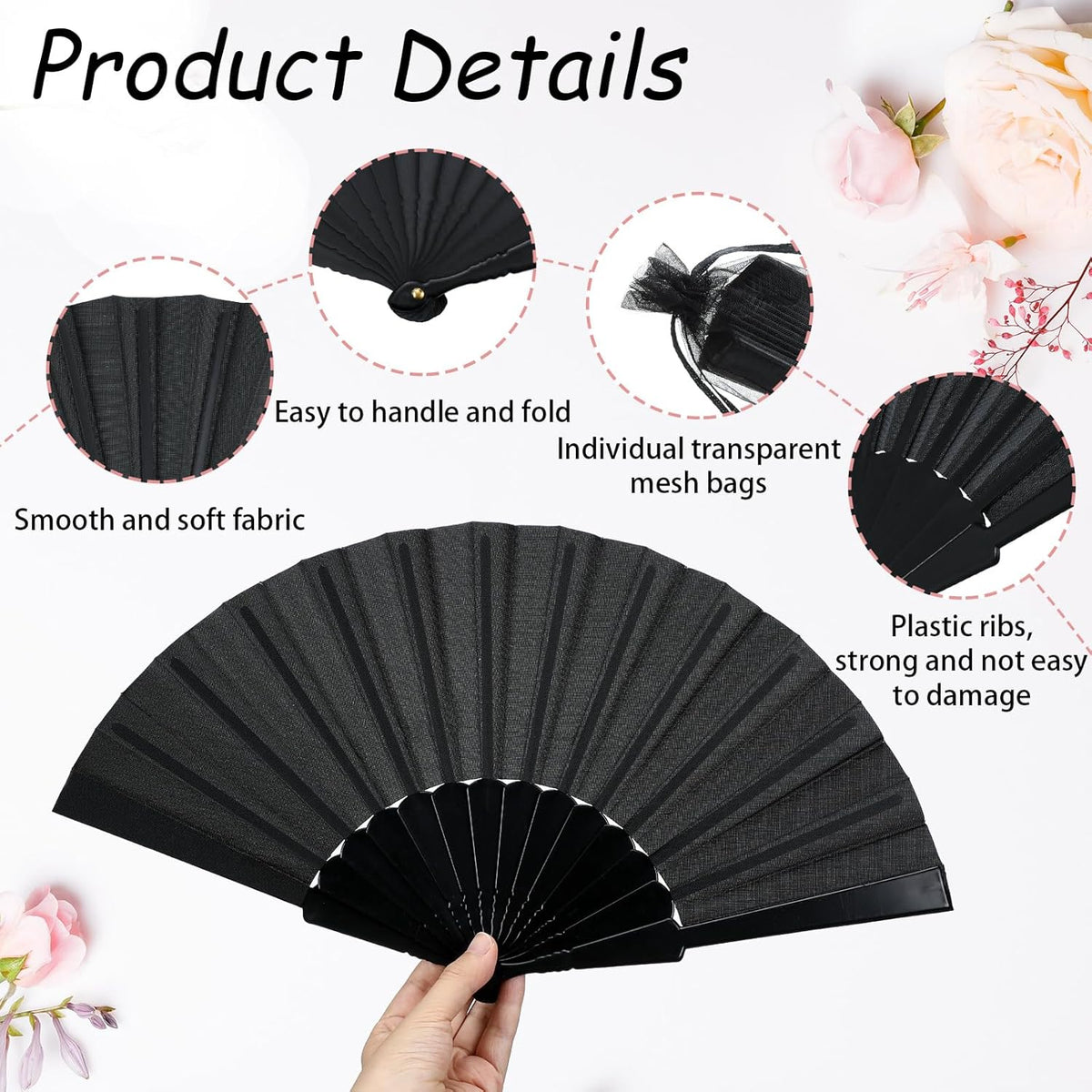 Wenqik 80 Pcs Wedding Folding Hand Fans Bulk Silk Fabric Chinese Handheld Foldable Clack Fans with